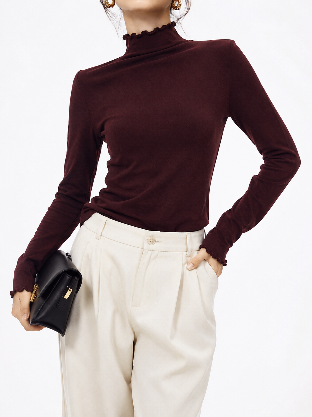 8908 Robinette Ruffled High Neck Ultra Thin Long Sleeve Top (B 41-54cm; L 54cm)