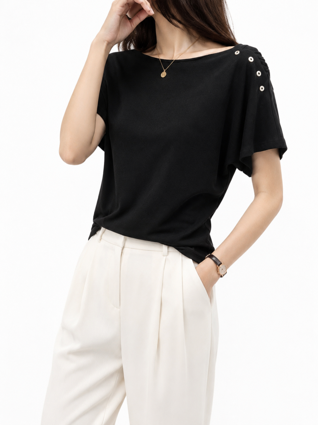 2219 Aria Asymmetrical Button Embellished Cap Sleeve Cotton Top (B 40-50cm; L 50cm)