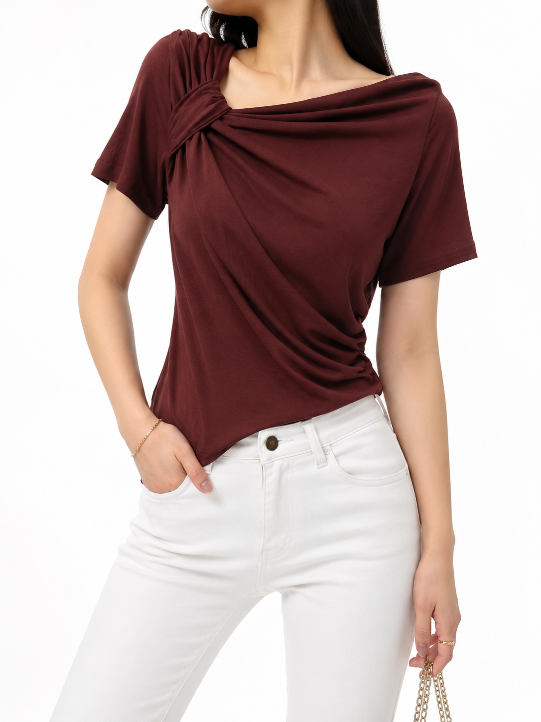 27151 Abbie Asymmetrical Neck Side Ruched Cotton Top (B 39-52cm; L 49cm)