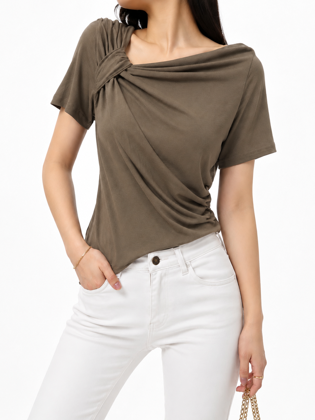 27151 Abbie Asymmetrical Neck Side Ruched Cotton Top (B 39-52cm; L 49cm)