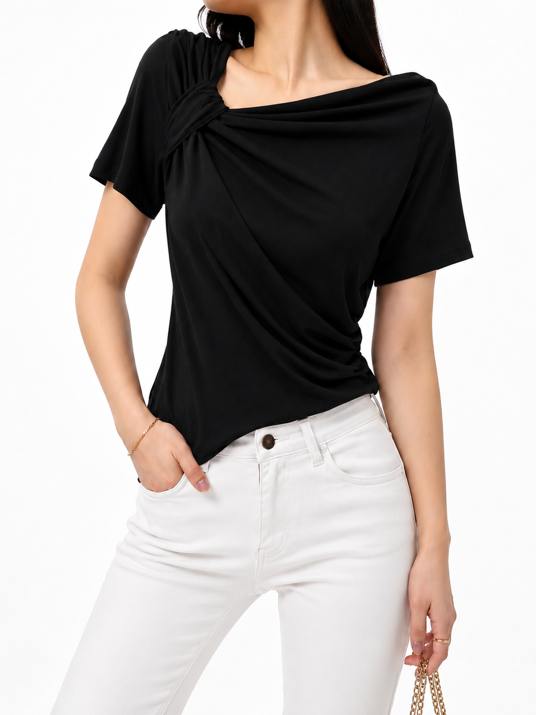 27151 Abbie Asymmetrical Neck Side Ruched Cotton Top (B 39-52cm; L 49cm)