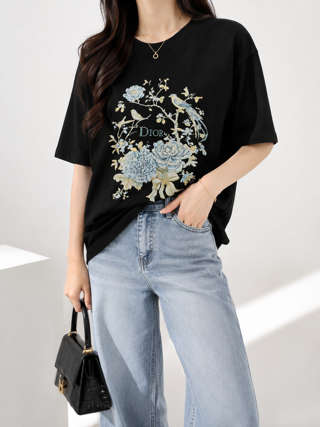 3243 DIOR Birdie Rhinestone Embellished Cotton Top (B 52-55cm; L 69cm)