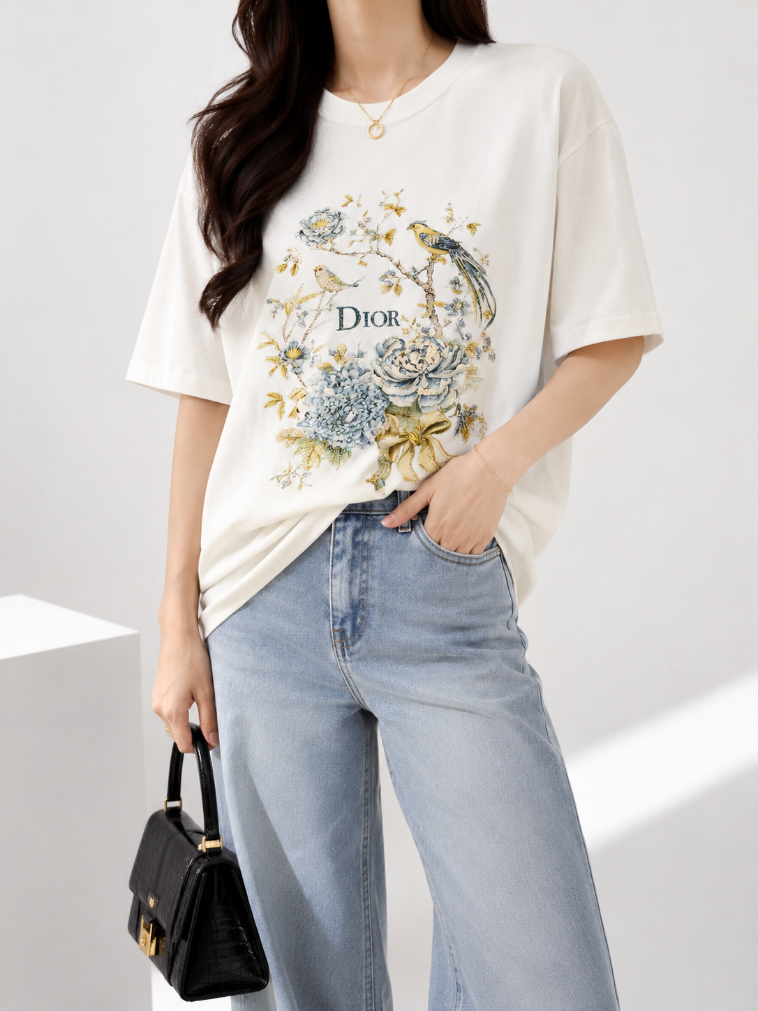3243 DIOR Birdie Rhinestone Embellished Cotton Top (B 52-55cm; L 69cm)