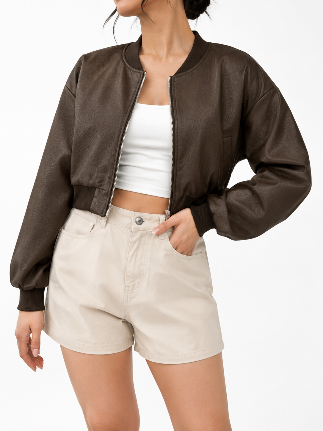 GZ July Stream #18: (PO) 6239 Cropped Leather Bomber Jacket (MSize B:64cm L46cm /LSize: B:66cm L46cm)
