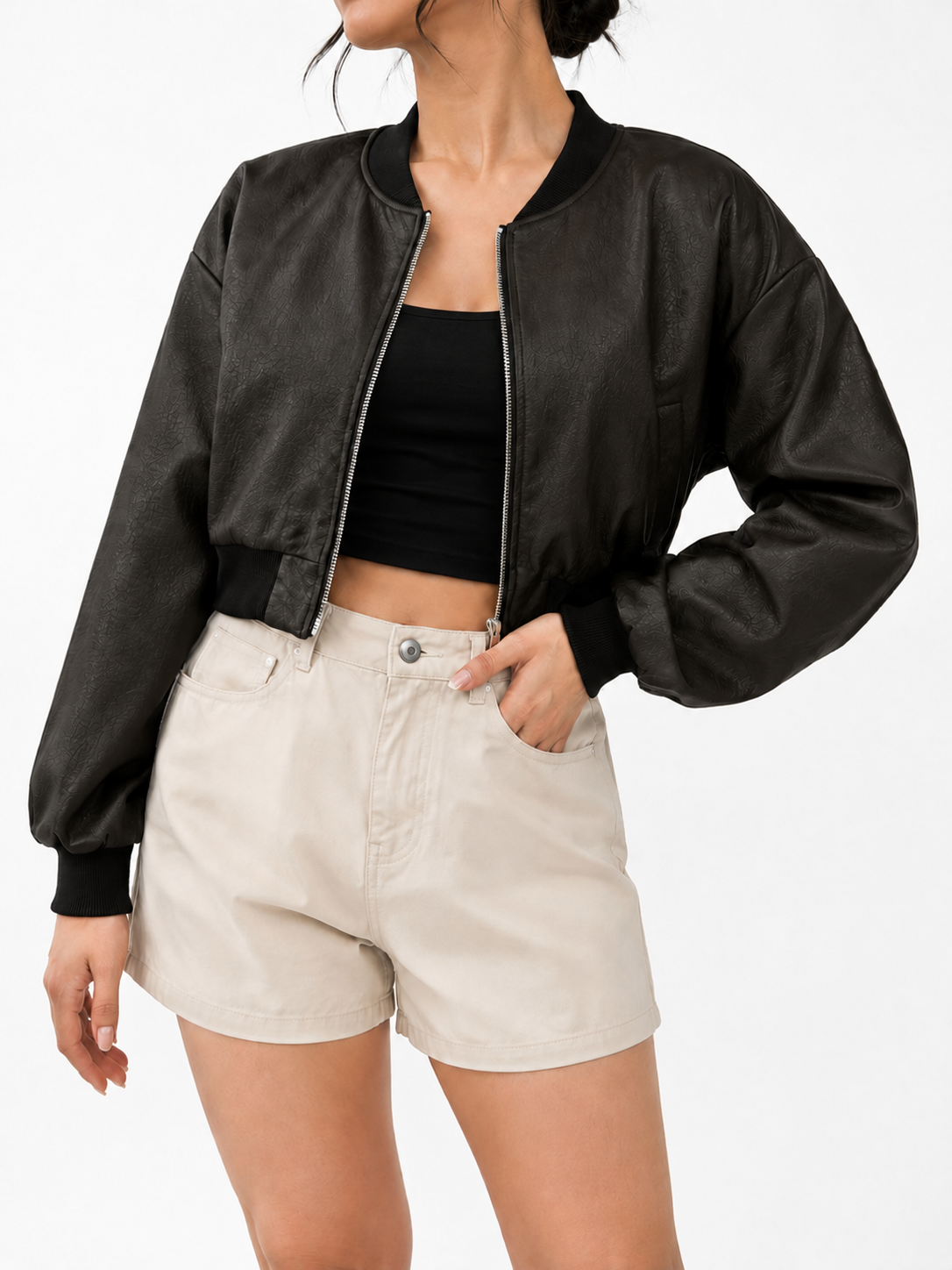 GZ July Stream #18: (PO) 6239 Cropped Leather Bomber Jacket (MSize B:64cm L46cm /LSize: B:66cm L46cm)