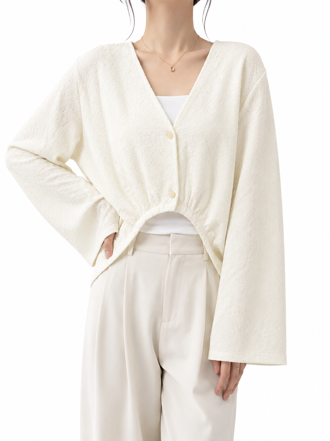GZ July Stream #18: (PO) 6197 V-Neck Lace Panel Cropped Cardigan (FS)