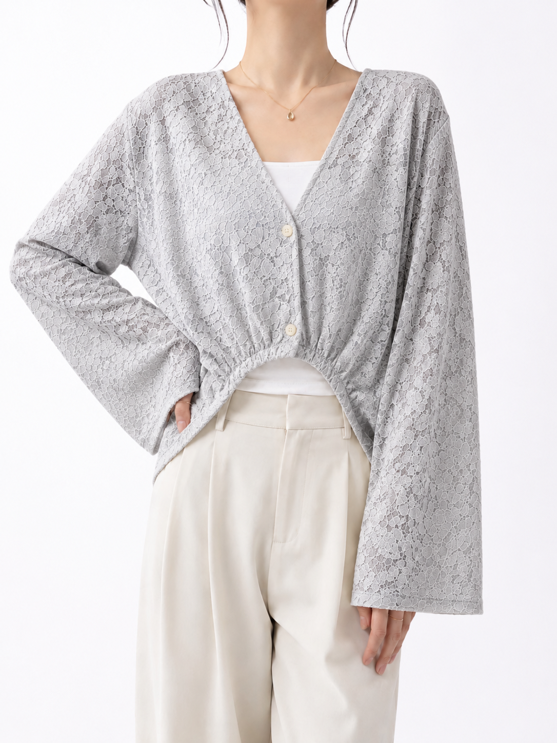 GZ July Stream #18: (PO) 6197 V-Neck Lace Panel Cropped Cardigan (FS)
