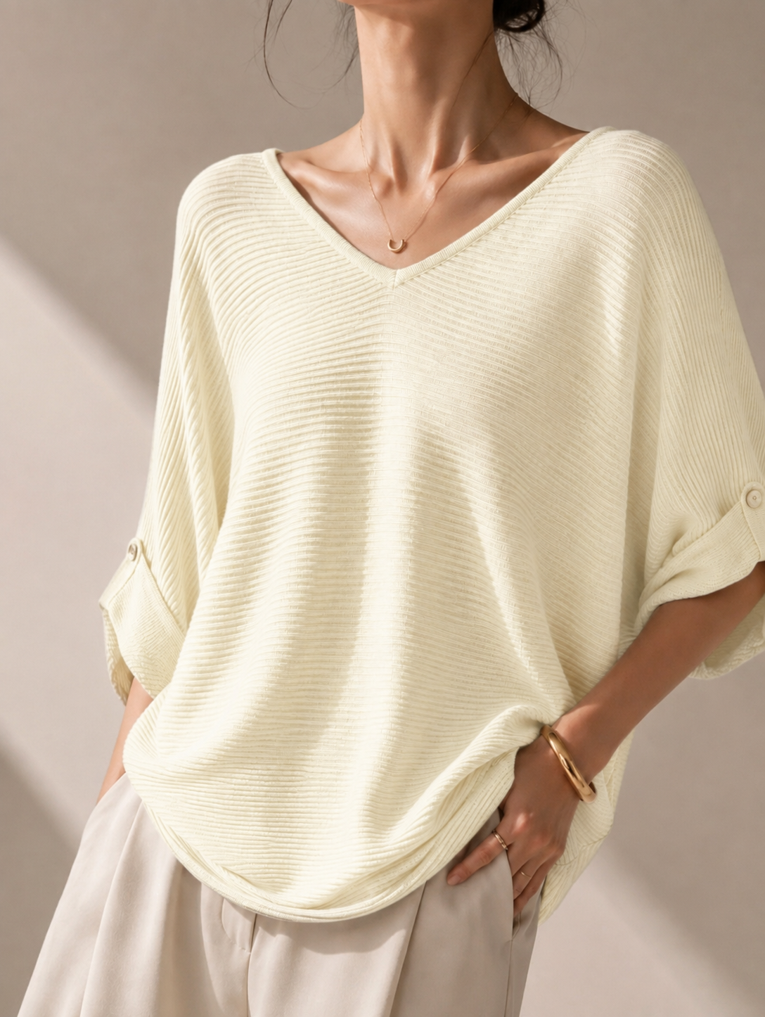 13298 Varin V-Neck Horizontal Ribbed Cooling Knit Top (B FS; L 50cm)