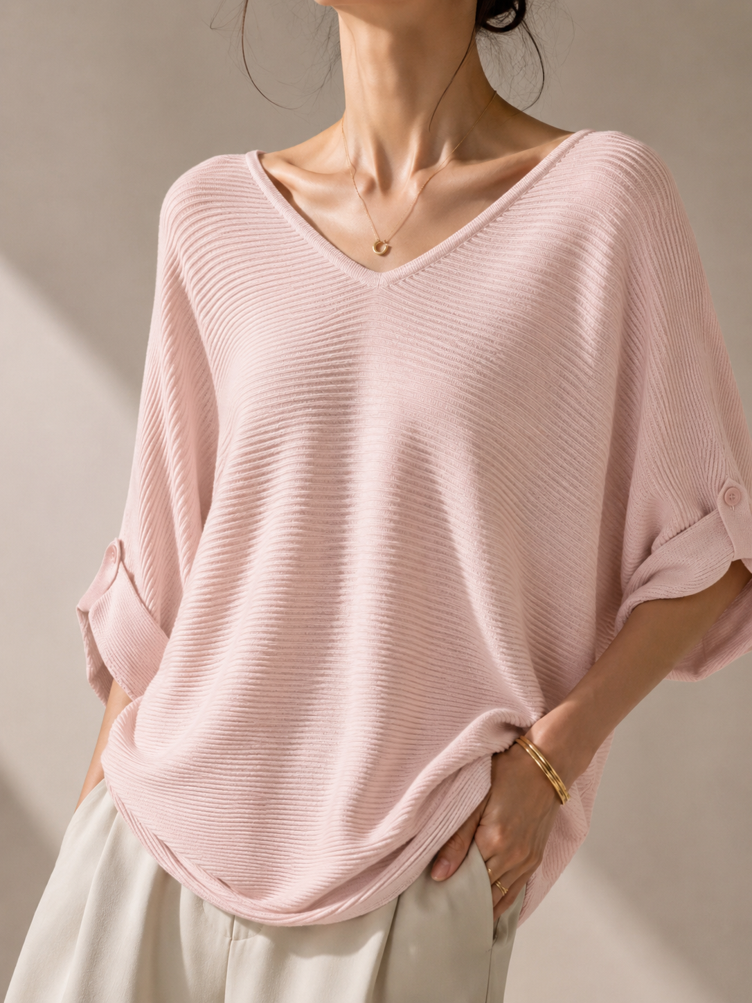13298 Varin V-Neck Horizontal Ribbed Cooling Knit Top (B FS; L 50cm)