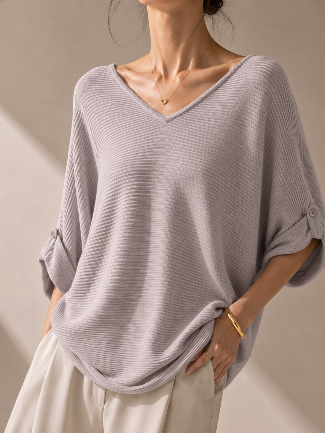 13298 Varin V-Neck Horizontal Ribbed Cooling Knit Top (B FS; L 50cm)