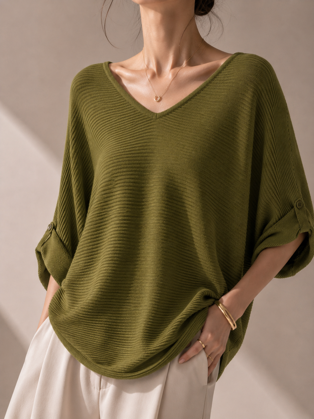 13298 Varin V-Neck Horizontal Ribbed Cooling Knit Top (B FS; L 50cm)