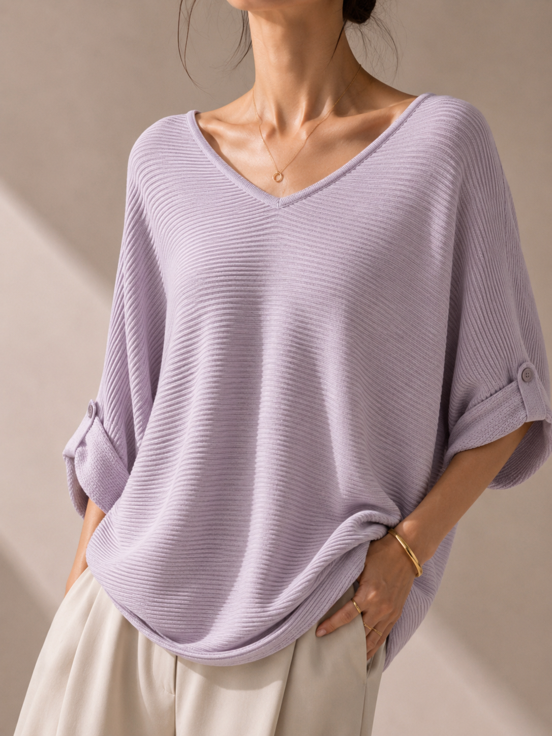13298 Varin V-Neck Horizontal Ribbed Cooling Knit Top (B FS; L 50cm)