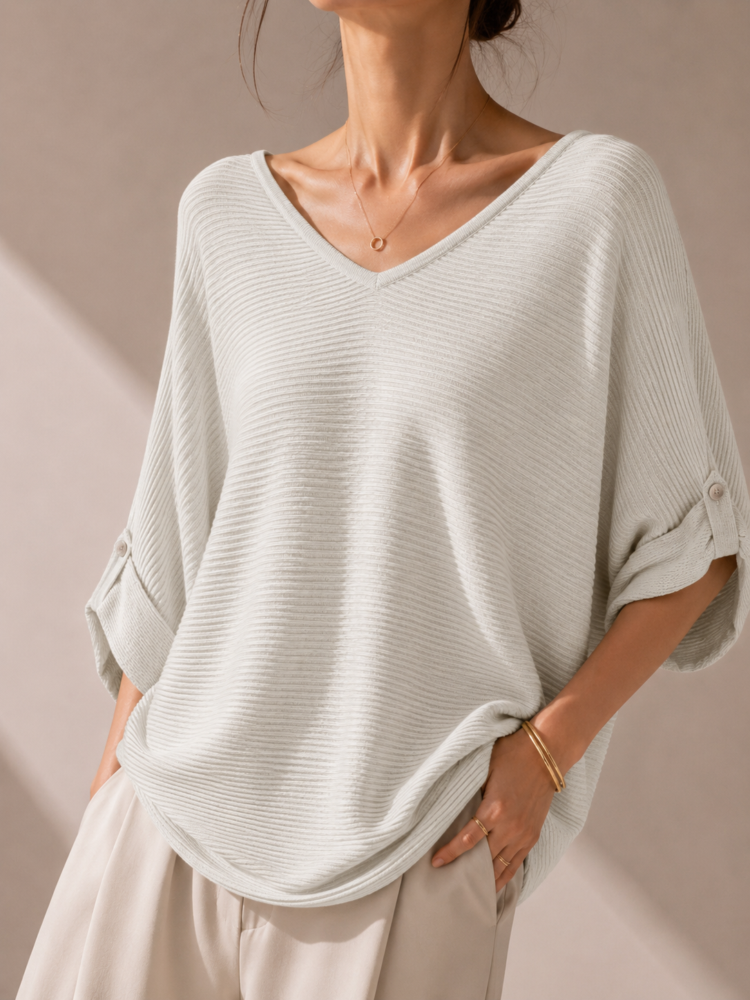13298 Varin V-Neck Horizontal Ribbed Cooling Knit Top (B FS; L 50cm)
