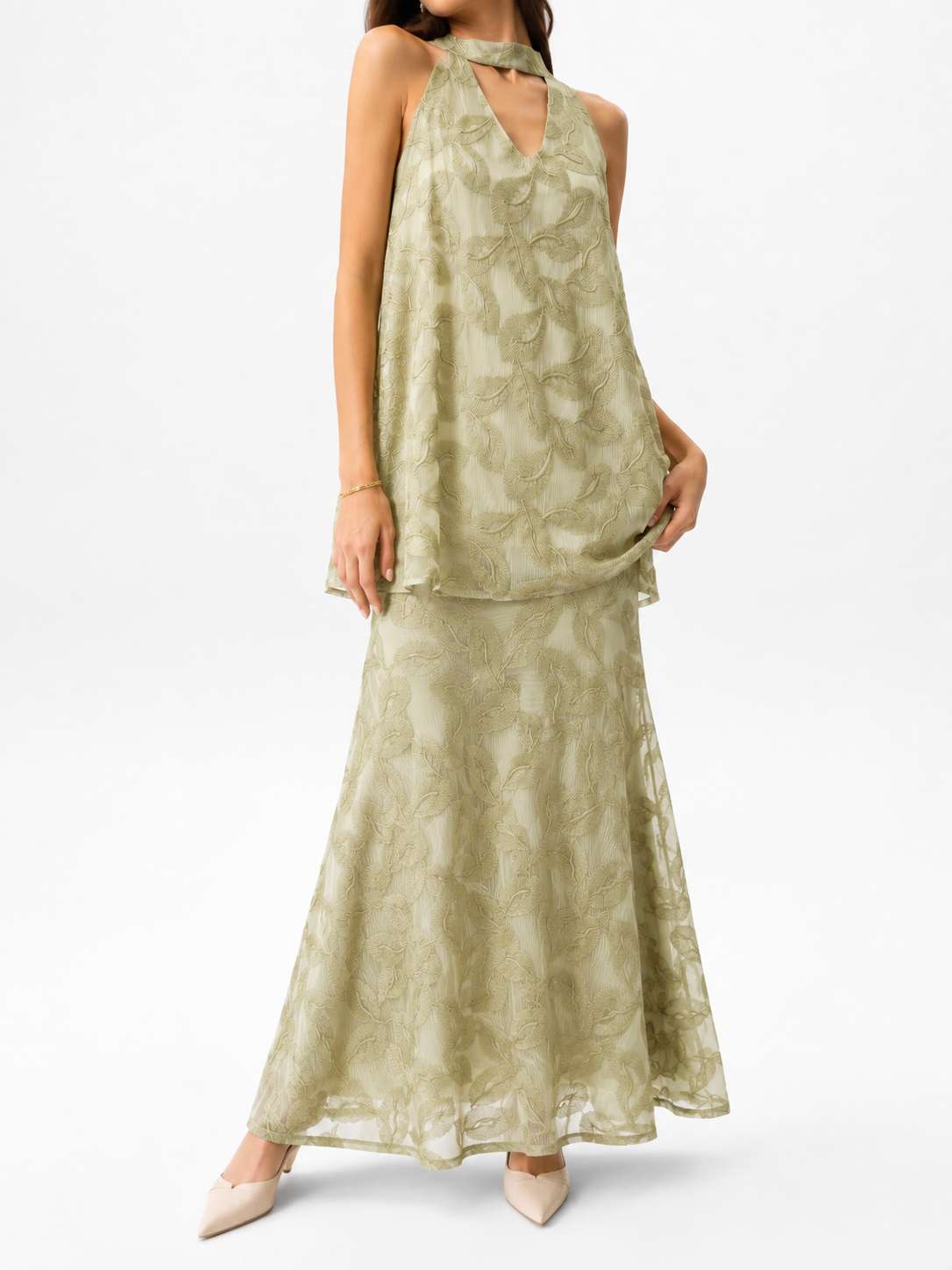 77057 Enora Embroidered Organza Halter Neck Top & Elastic Waist Skirt Set (Top: B 54cm; L 72cm, Bottom: UW 30-45cm; H 58cm; L 93cm)