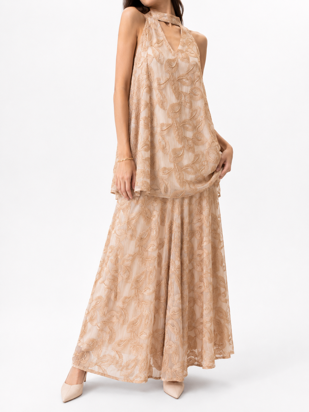 77057 Enora Embroidered Organza Halter Neck Top & Elastic Waist Skirt Set (Top: B 54cm; L 72cm, Bottom: UW 30-45cm; H 58cm; L 93cm)