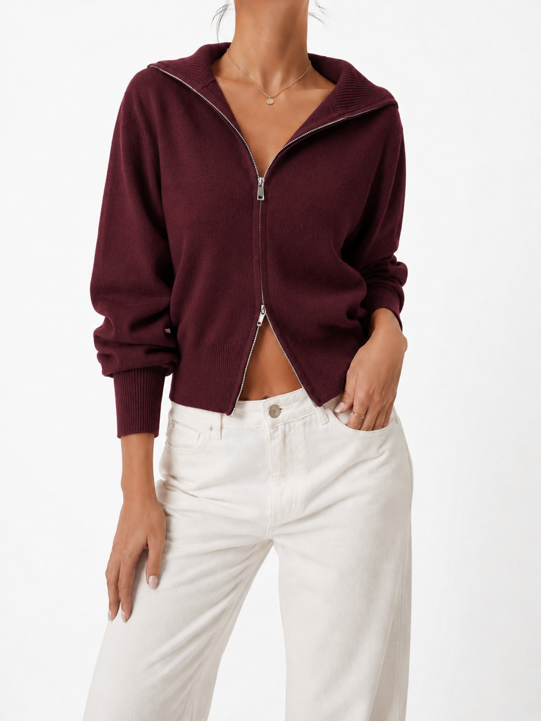 2546 Hava High Neck Zip-Through Knit Cardigan (B 53-65cm; L 48cm)