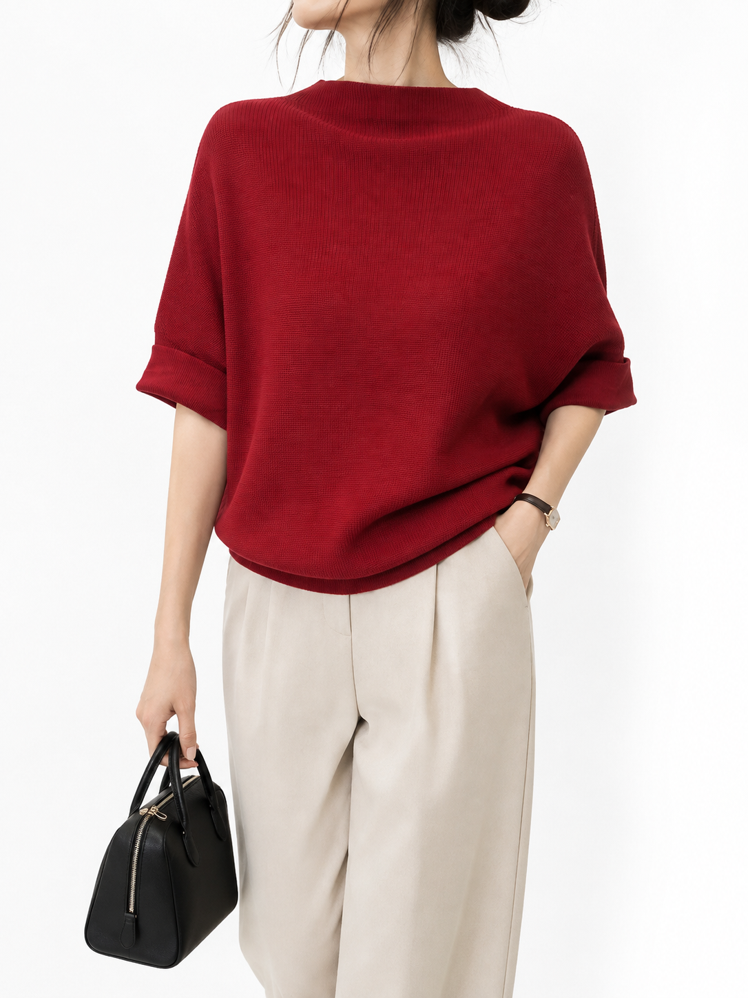 M2306 Hudson High Neck Folded Sleeve Batwing Knit Top (B FS; L 50cm)