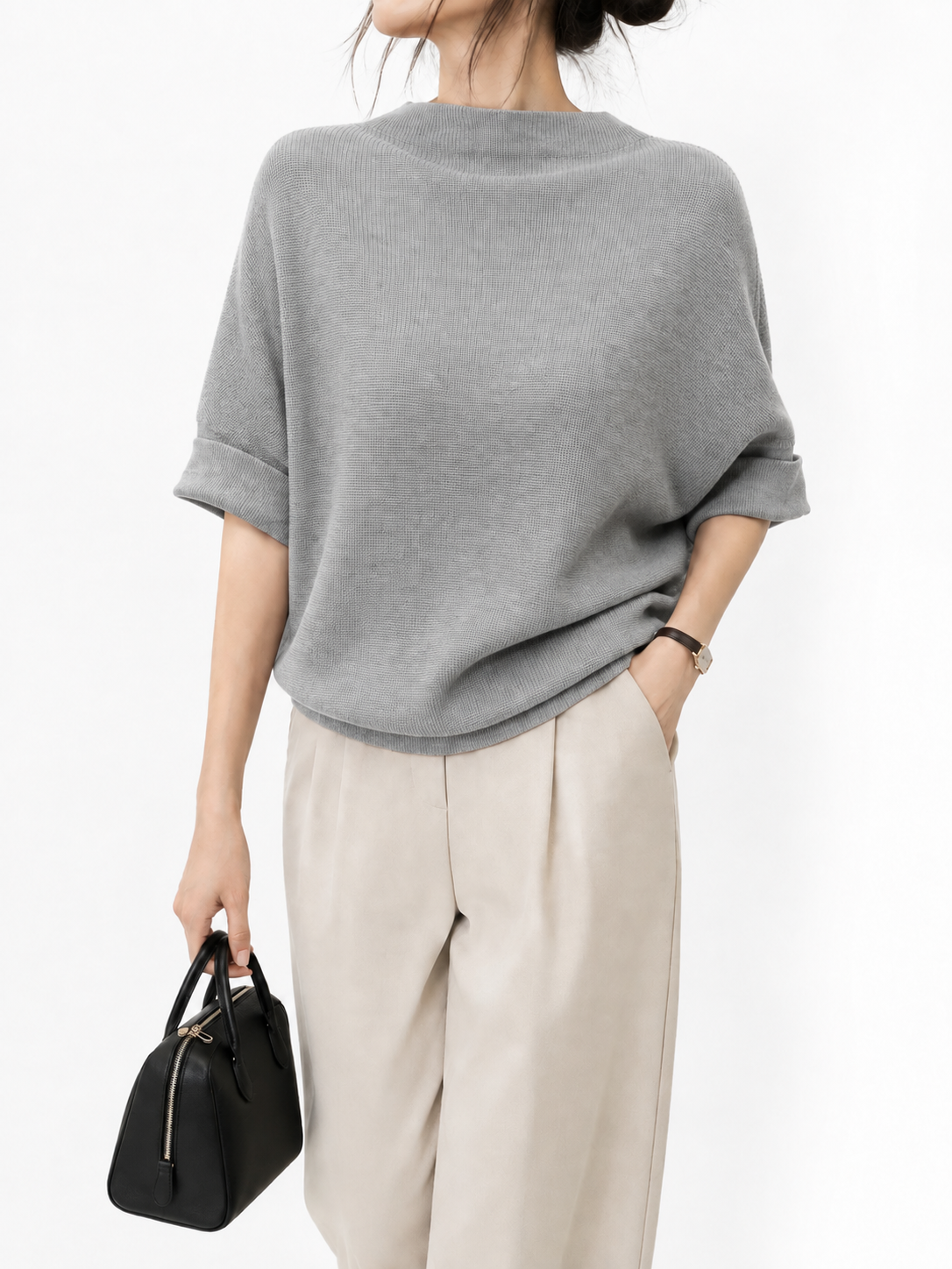 M2306 Hudson High Neck Folded Sleeve Batwing Knit Top (B FS; L 50cm)