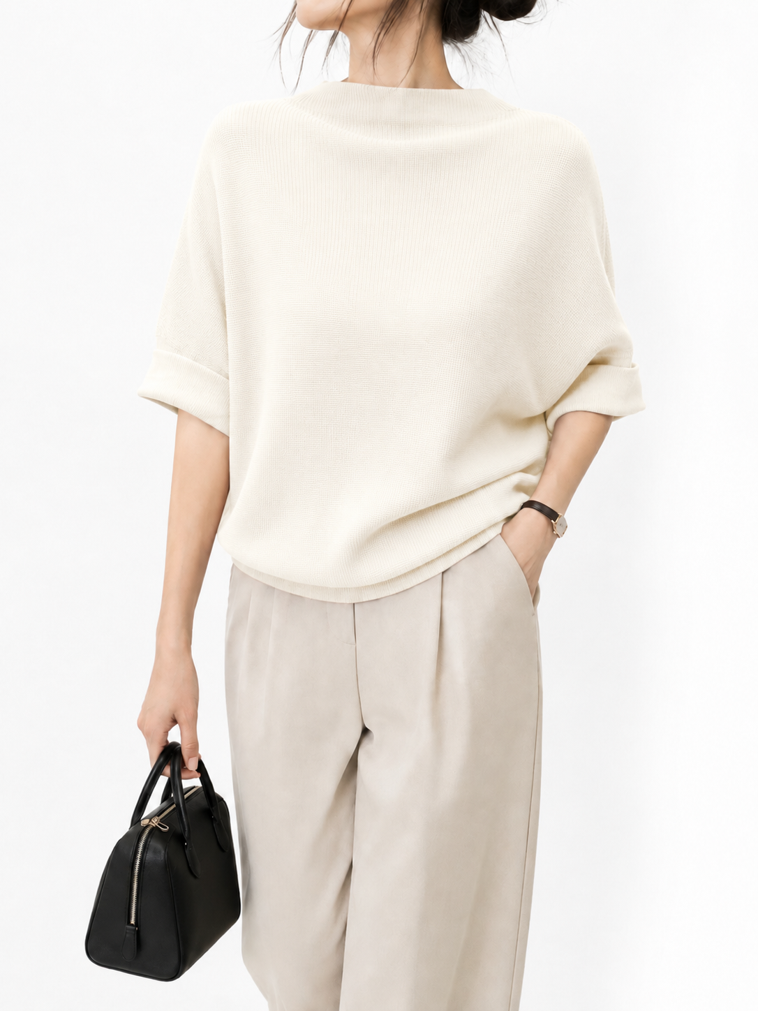 M2306 Hudson High Neck Folded Sleeve Batwing Knit Top (B FS; L 50cm)