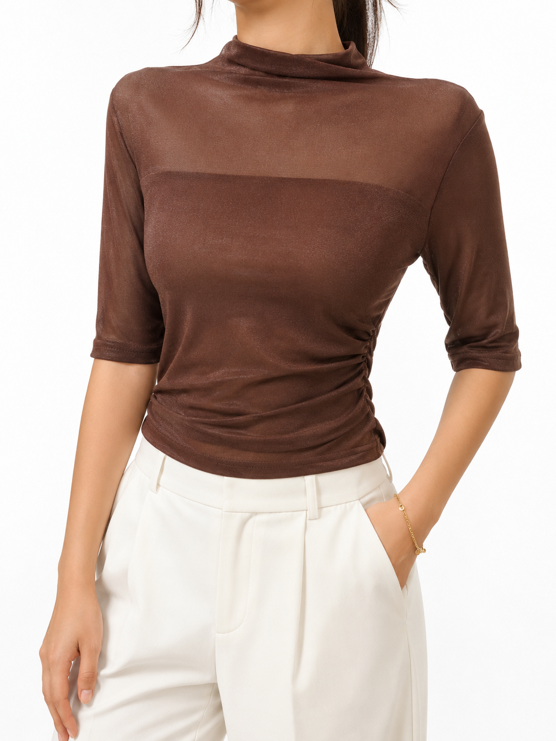 327 Murielle Mid Sleeve Side Ruched High Neck Mesh Top (B 32-52cm; L 50cm)
