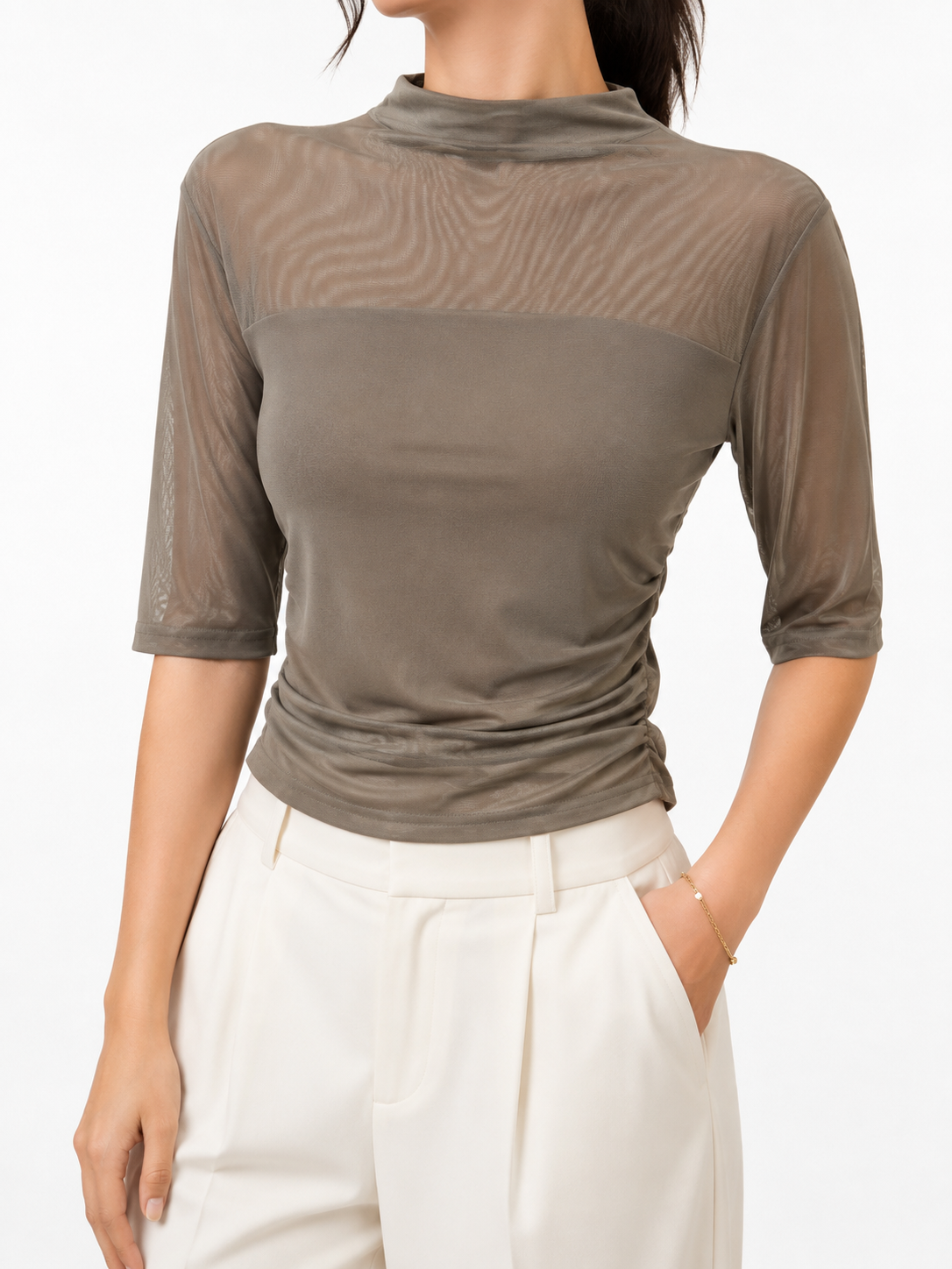 327 Murielle Mid Sleeve Side Ruched High Neck Mesh Top (B 32-52cm; L 50cm)