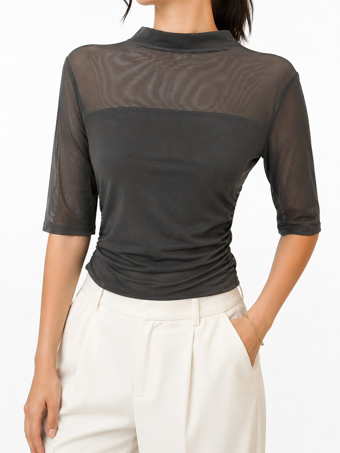 327 Murielle Mid Sleeve Side Ruched High Neck Mesh Top (B 32-52cm; L 50cm)
