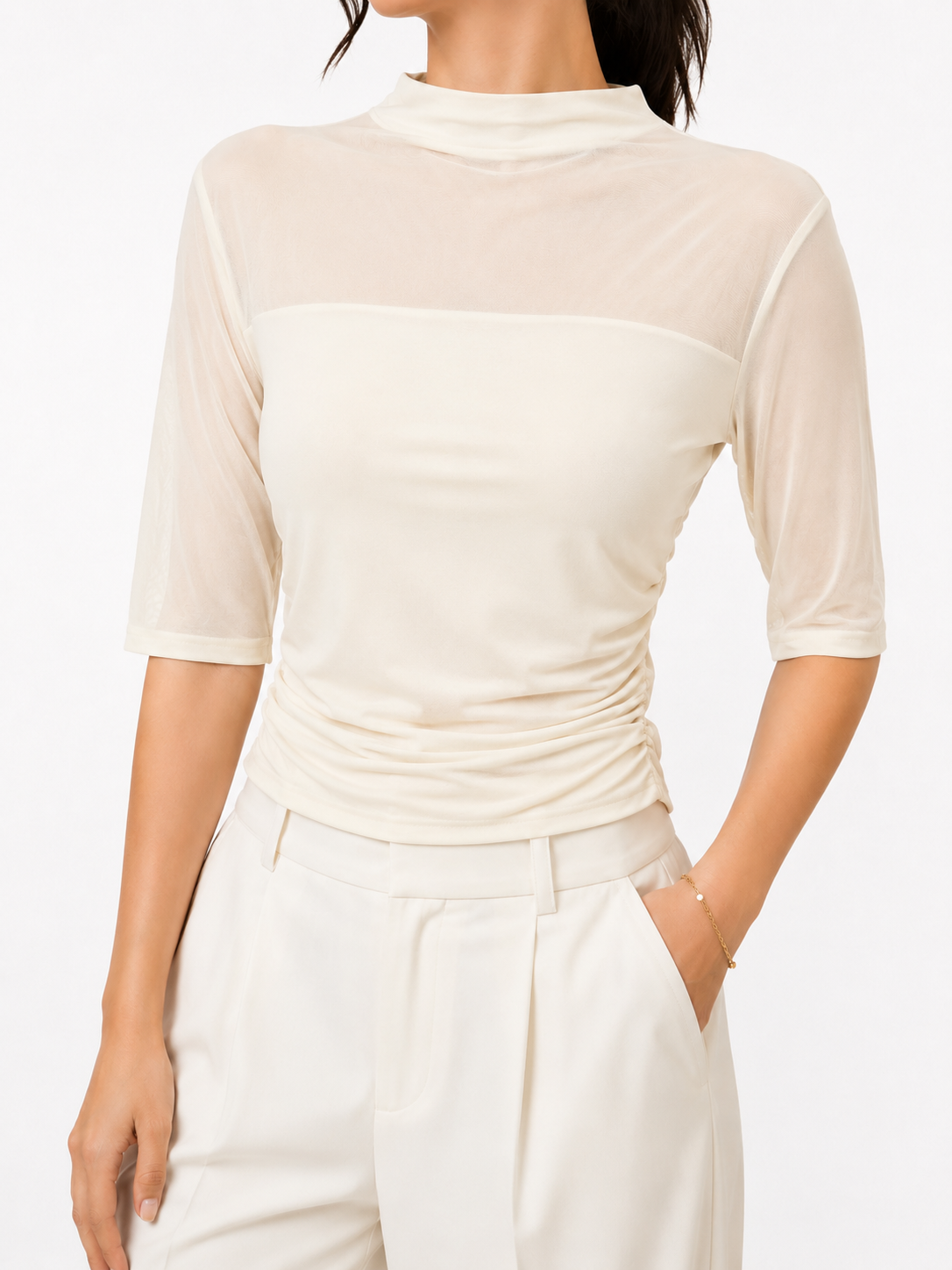 327 Murielle Mid Sleeve Side Ruched High Neck Mesh Top (B 32-52cm; L 50cm)