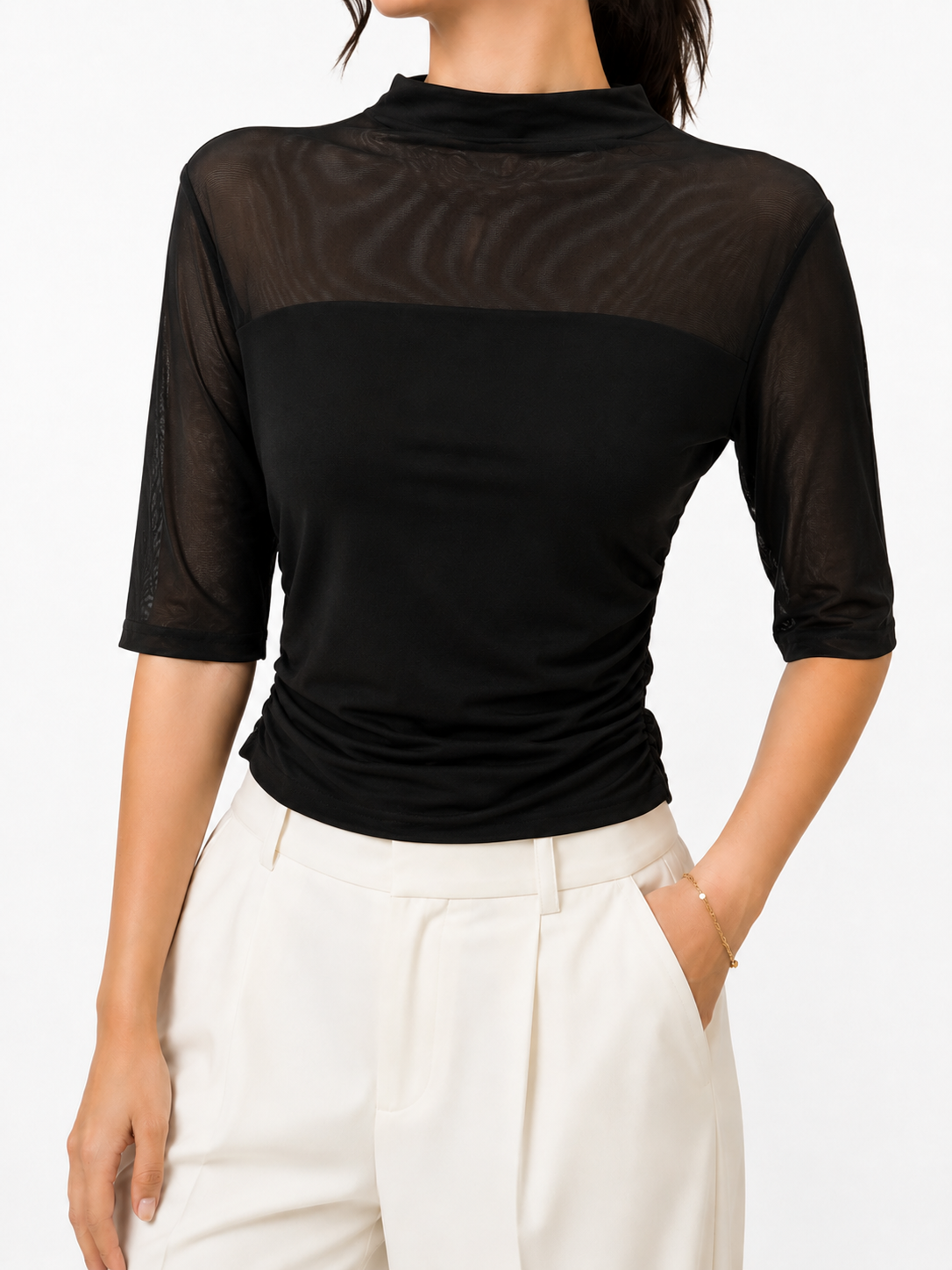 327 Murielle Mid Sleeve Side Ruched High Neck Mesh Top (B 32-52cm; L 50cm)