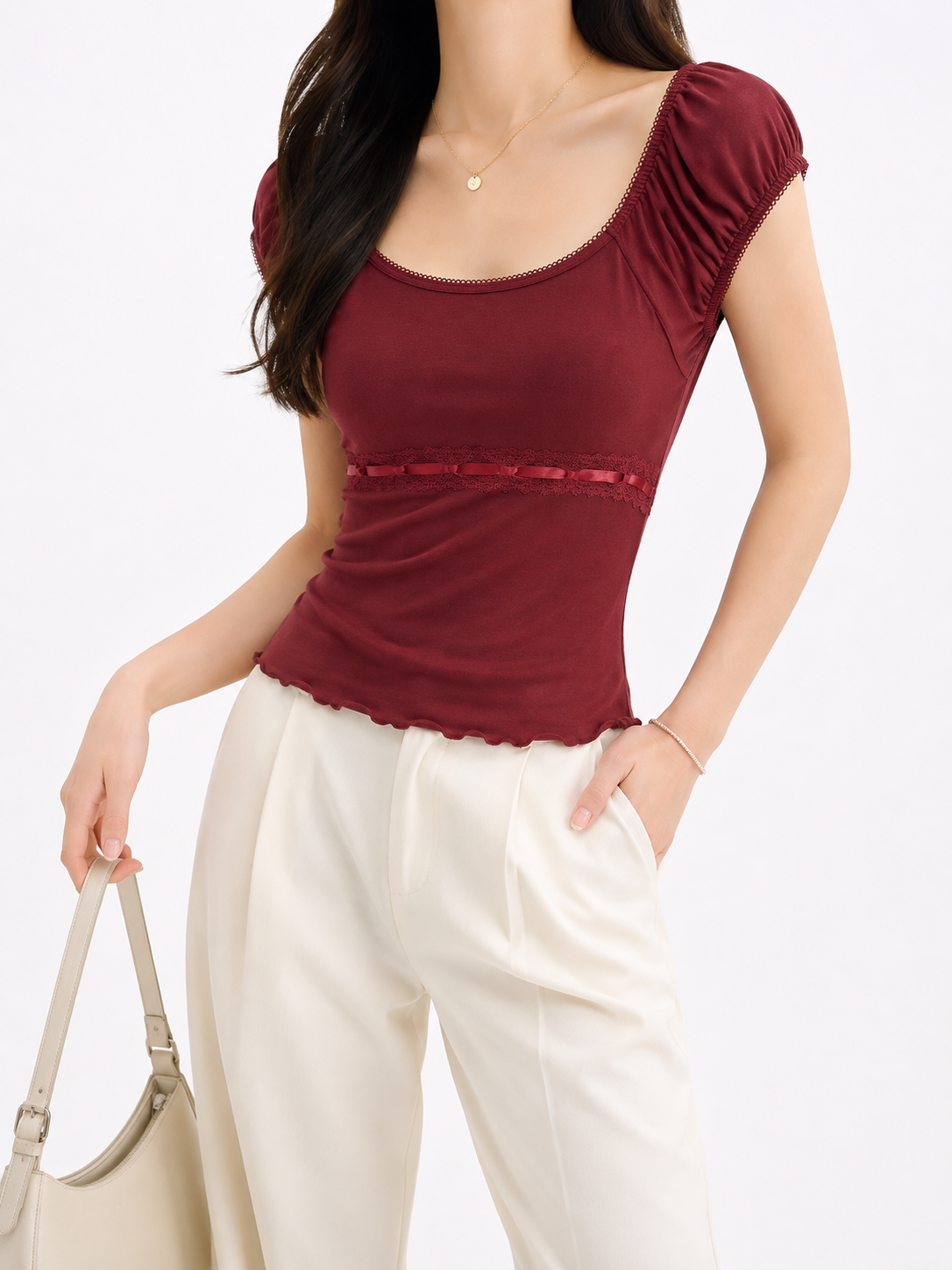 260074 Gabby Wide Neck Gathered Sleeve Cotton Top (L Size: B 38-48cm; L 52cm, XL Size: B 40-50cm; L 52cm)