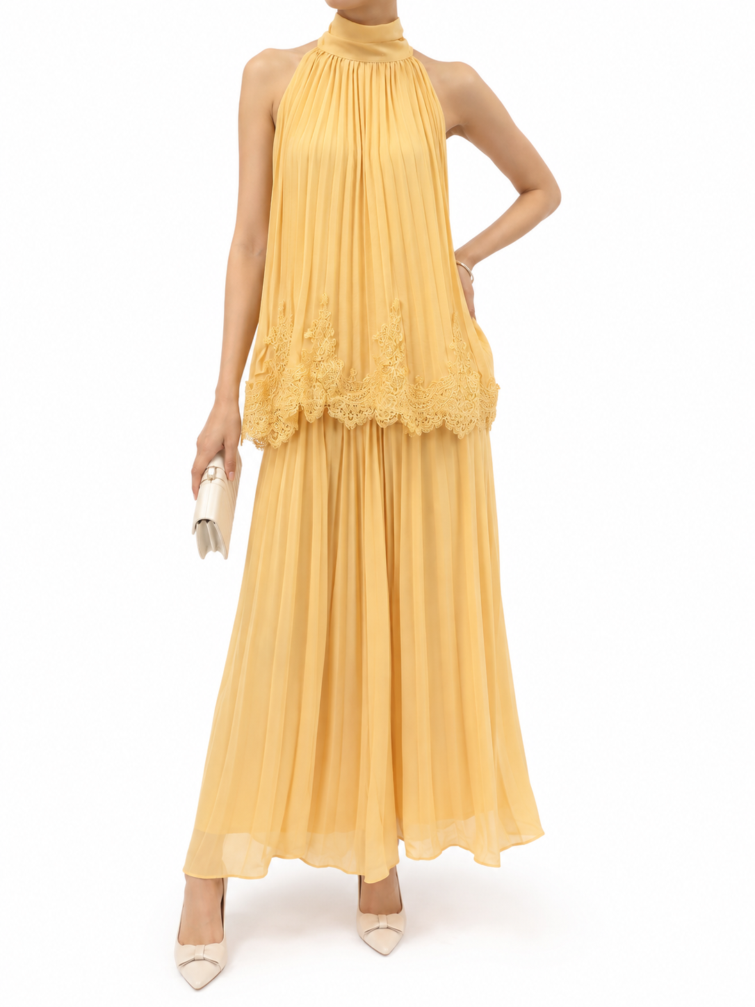 77085 Prudence Pleated Halter Neck Top & Elastic Waist Skirt Set (Top: B 45cm; L 57cm, Bottom: UW 31-45cm; H 45-58cm; L 90cm)