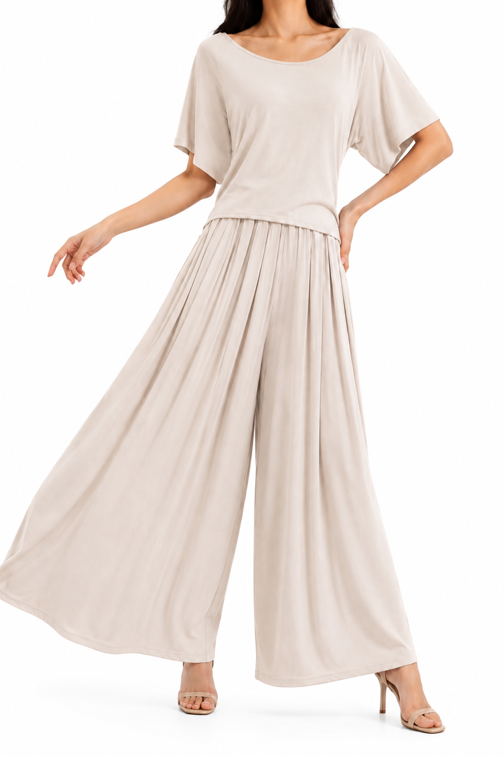 6343 Nikko Cotton Wide Neck Top & Elastic Waist Palazzo Set (Top: B 37-50cm; L 48cm, Bottom: UW 37-50cm; H FS; L 95cm)