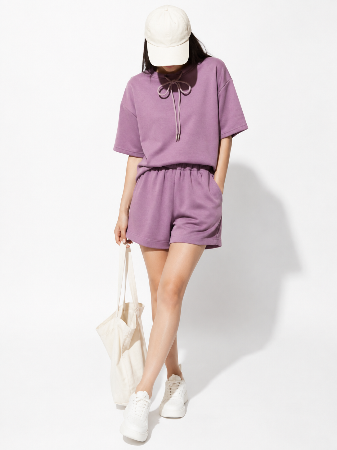 6115 Silvya Cotton Drawstring Neck Short Sleeve Top & Sweat Shorts Set (Top: B 58-62cm; L 57cm, Bottom: UW 33-46cm; H 52-62cm; L 37cm)