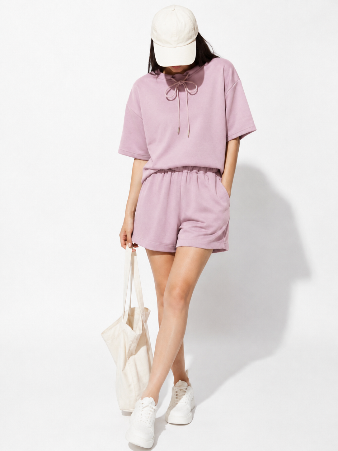 6115 Silvya Cotton Drawstring Neck Short Sleeve Top & Sweat Shorts Set (Top: B 58-62cm; L 57cm, Bottom: UW 33-46cm; H 52-62cm; L 37cm)