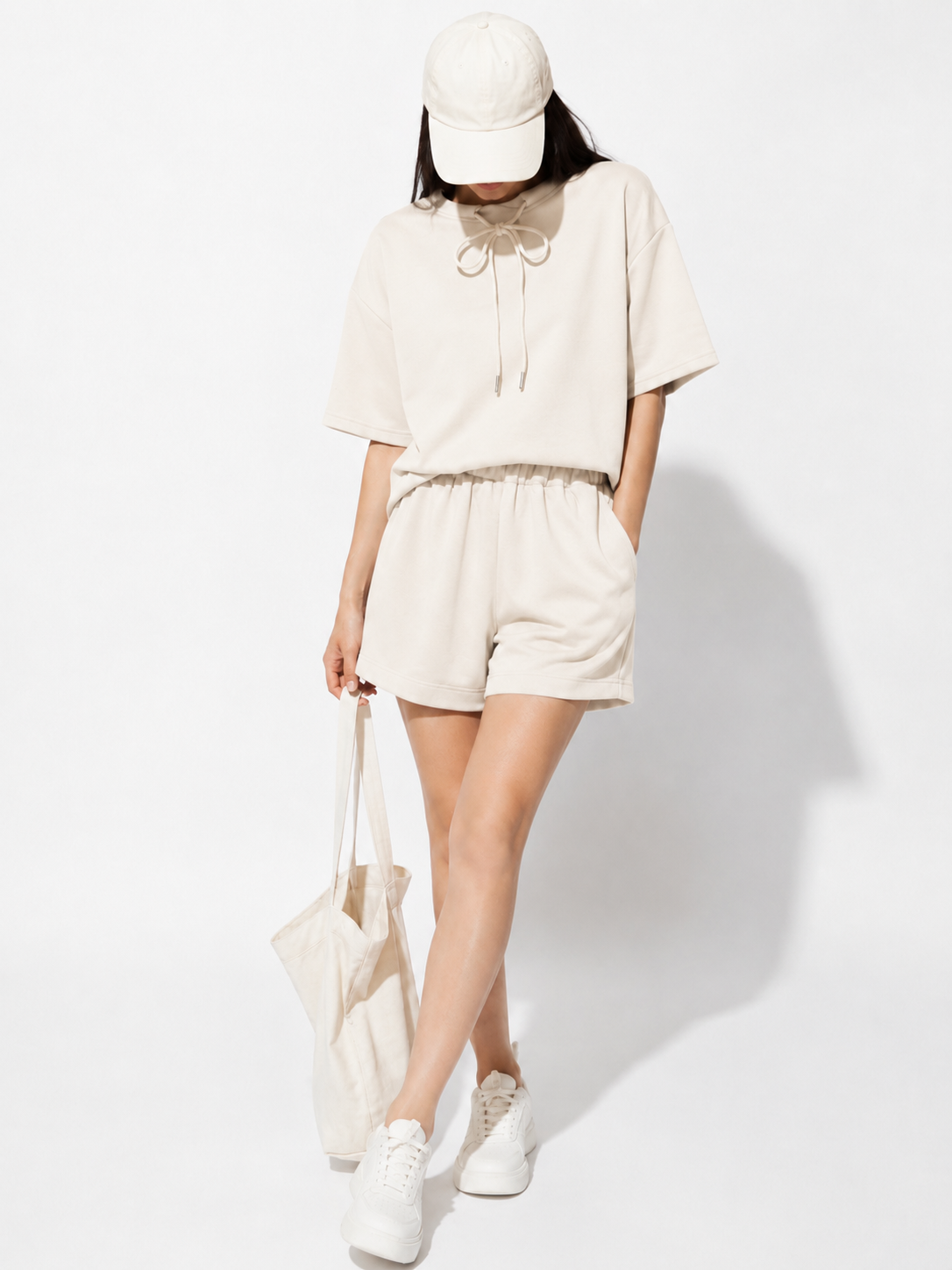 6115 Silvya Cotton Drawstring Neck Short Sleeve Top & Sweat Shorts Set (Top: B 58-62cm; L 57cm, Bottom: UW 33-46cm; H 52-62cm; L 37cm)