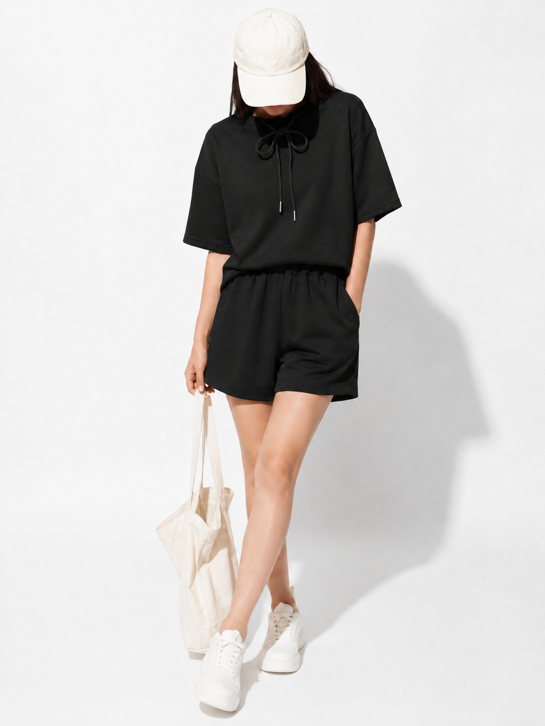 6115 Silvya Cotton Drawstring Neck Short Sleeve Top & Sweat Shorts Set (Top: B 58-62cm; L 57cm, Bottom: UW 33-46cm; H 52-62cm; L 37cm)