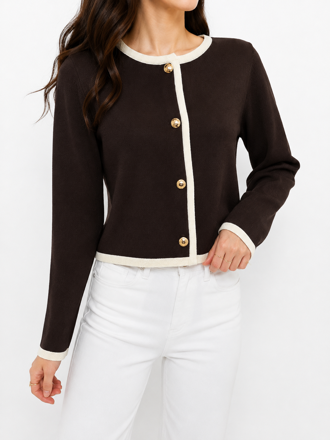 1311 Clementine Crest Button Contrast Hem Knit Cardigan (B 49-59cm; L 48cm)