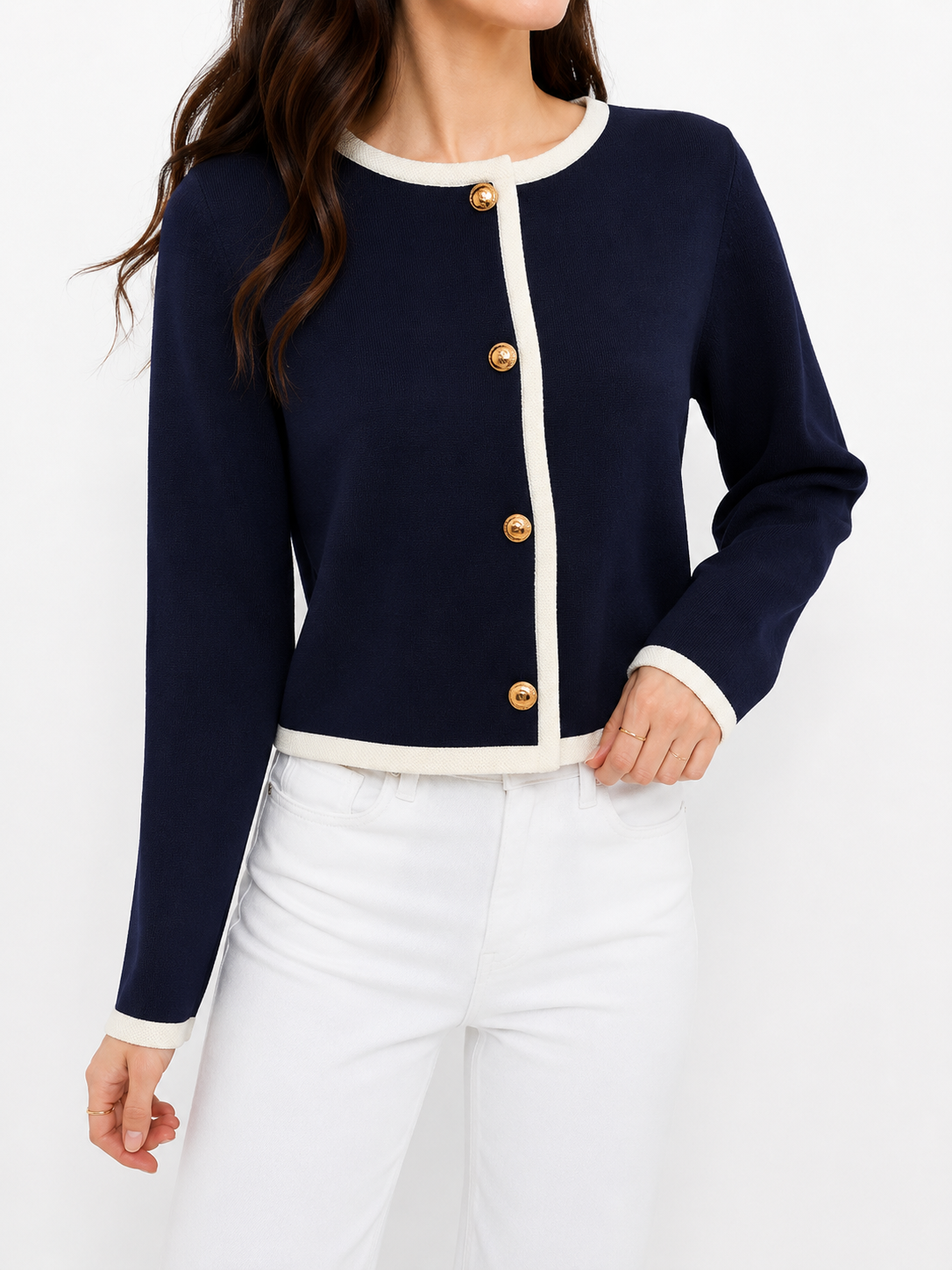 1311 Clementine Crest Button Contrast Hem Knit Cardigan (B 49-59cm; L 48cm)