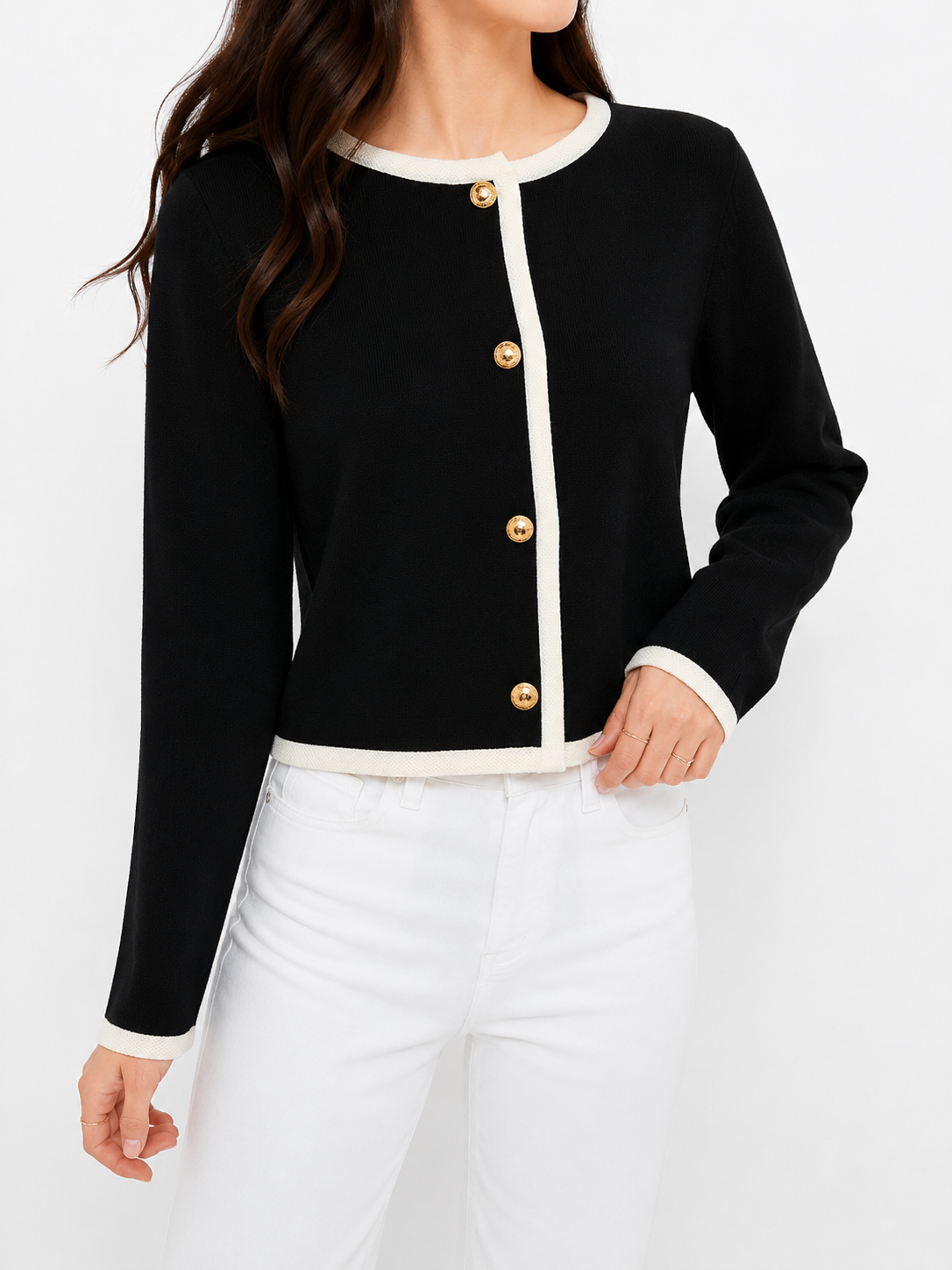 1311 Clementine Crest Button Contrast Hem Knit Cardigan (B 49-59cm; L 48cm)