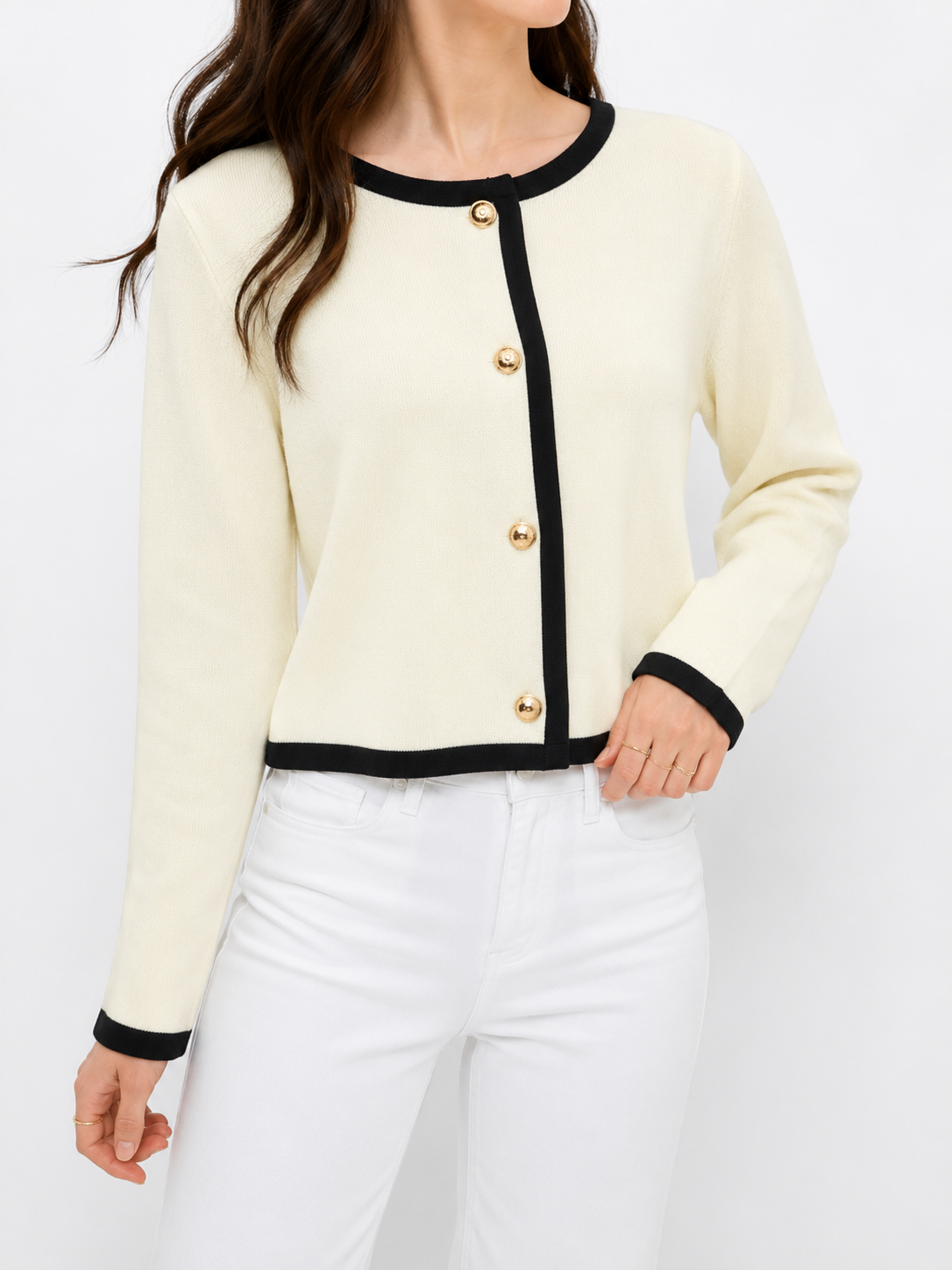 1311 Clementine Crest Button Contrast Hem Knit Cardigan (B 49-59cm; L 48cm)