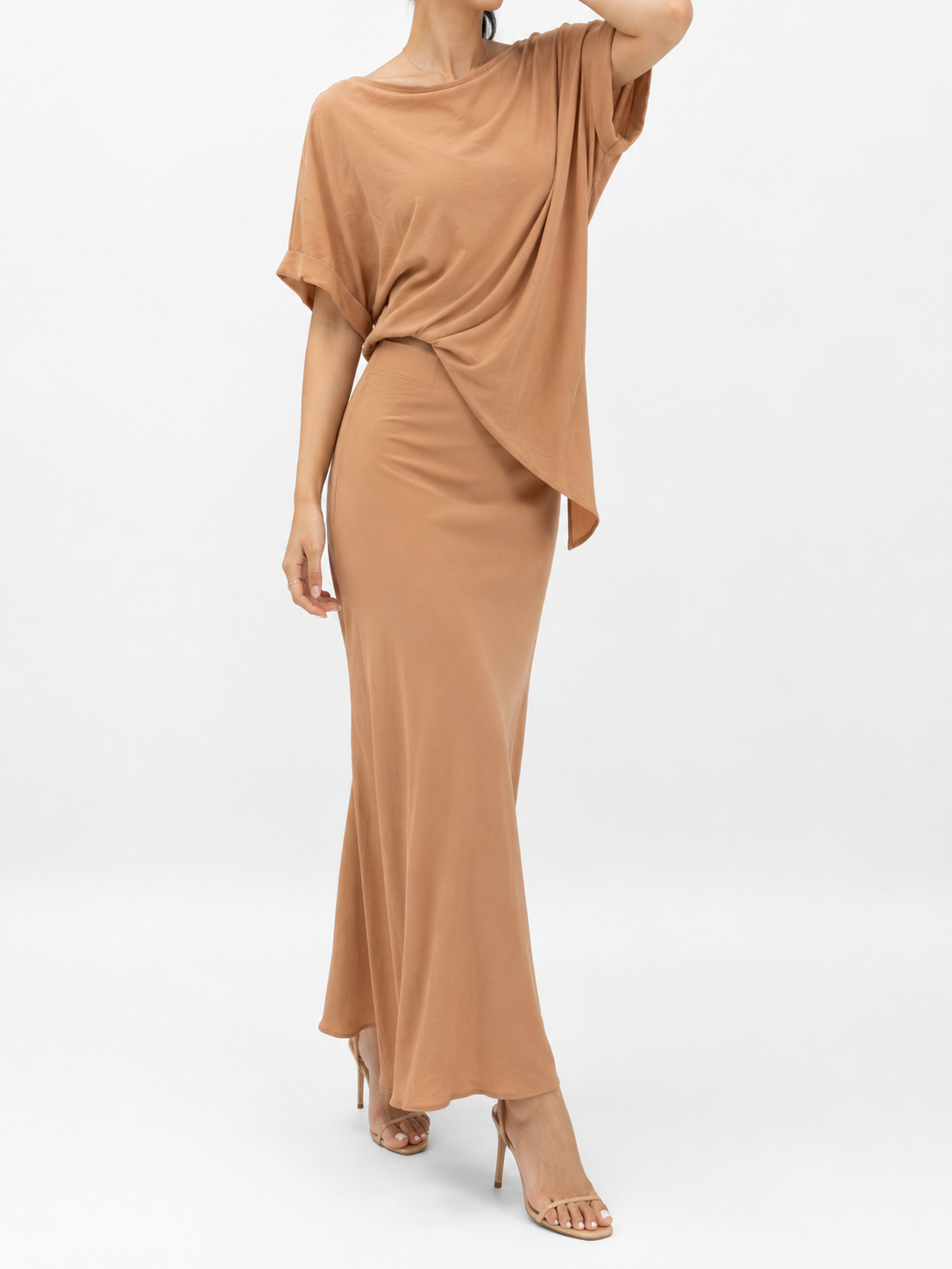8042 Aubrey Asymmetrical Folded Sleeve Top & Maxi Skirt Set (Top: B 50cm; L 50/87cm, Bottom: UW 32-42cm; H 50-58cm; L 94cm)