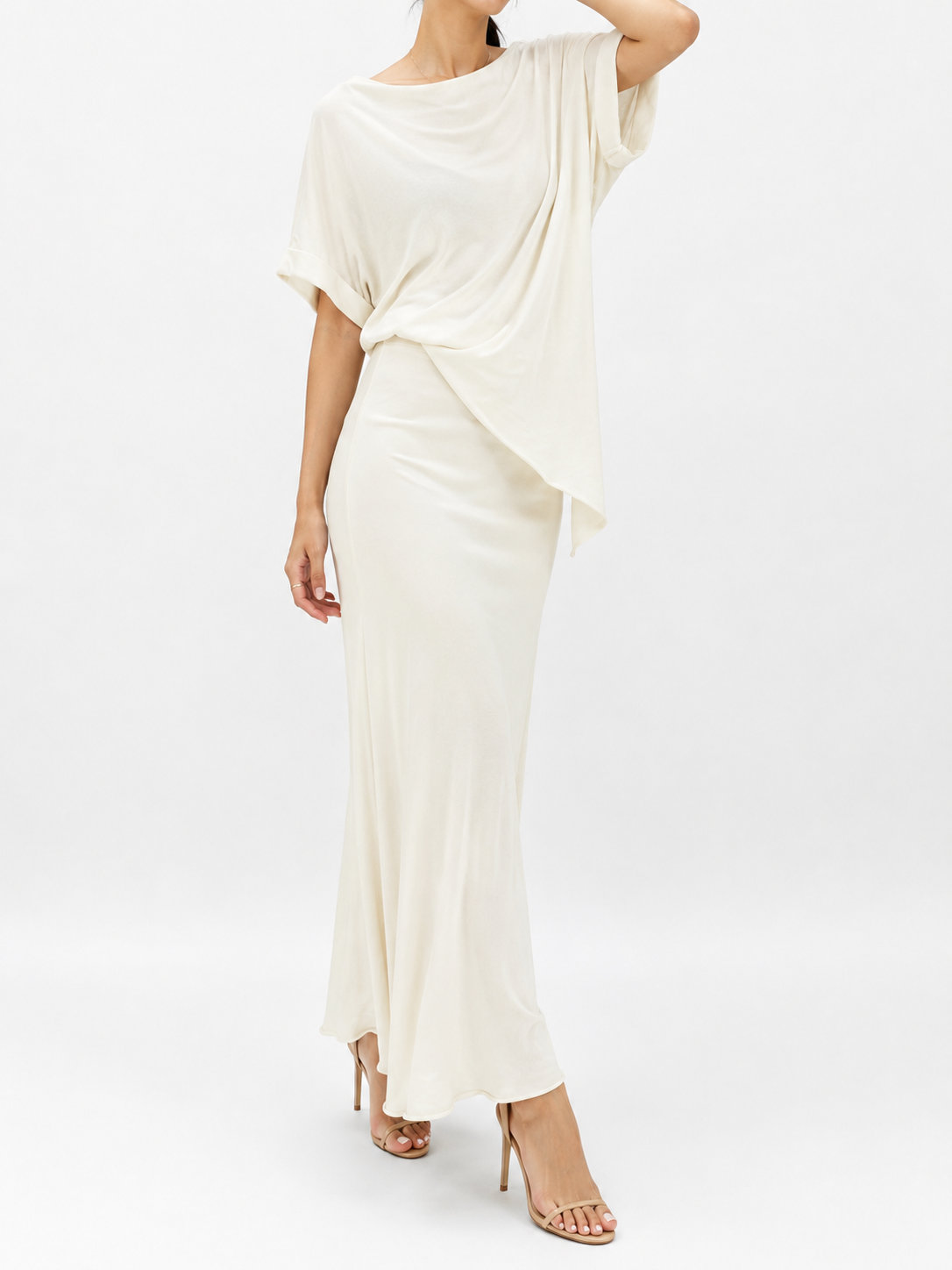 8042 Aubrey Asymmetrical Folded Sleeve Top & Maxi Skirt Set (Top: B 50cm; L 50/87cm, Bottom: UW 32-42cm; H 50-58cm; L 94cm)