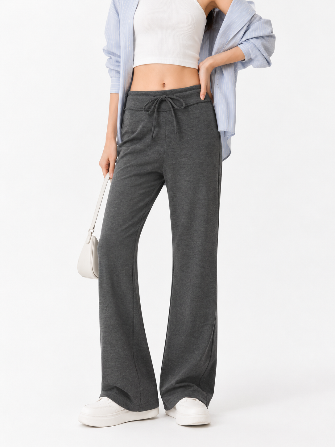 807 Betsy Tie-Waist Bell Bottom Cotton Sweat Pants (L Size: UW 34-40cm; H 42-54cm; L 98cm, XL Size: UW 36-42cm; H 44-56cm; L 100cm)