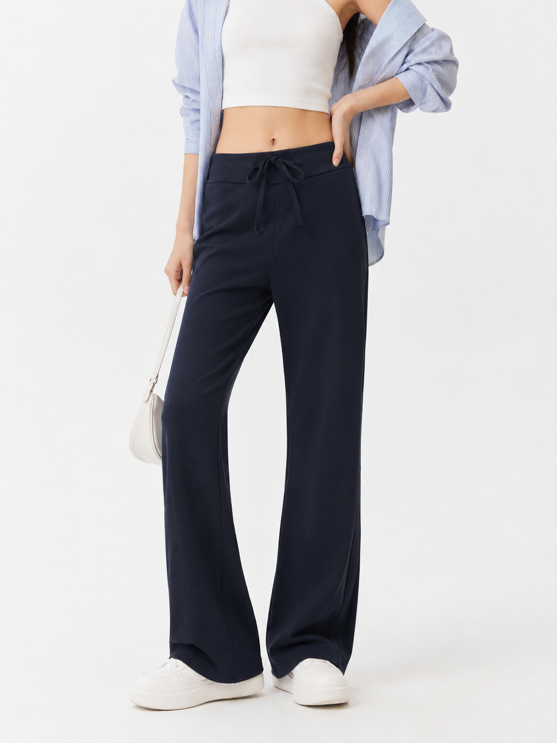 807 Betsy Tie-Waist Bell Bottom Cotton Sweat Pants (L Size: UW 34-40cm; H 42-54cm; L 98cm, XL Size: UW 36-42cm; H 44-56cm; L 100cm)