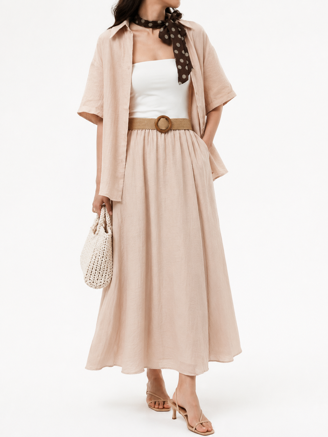 1207 Launelle Linen Short Short Sleeve Shirt & Flared Skirt Skirt Set (Top: B 54cm; L 63cm, Bottom: UW 33-45cm; H FS; L 84cm)
