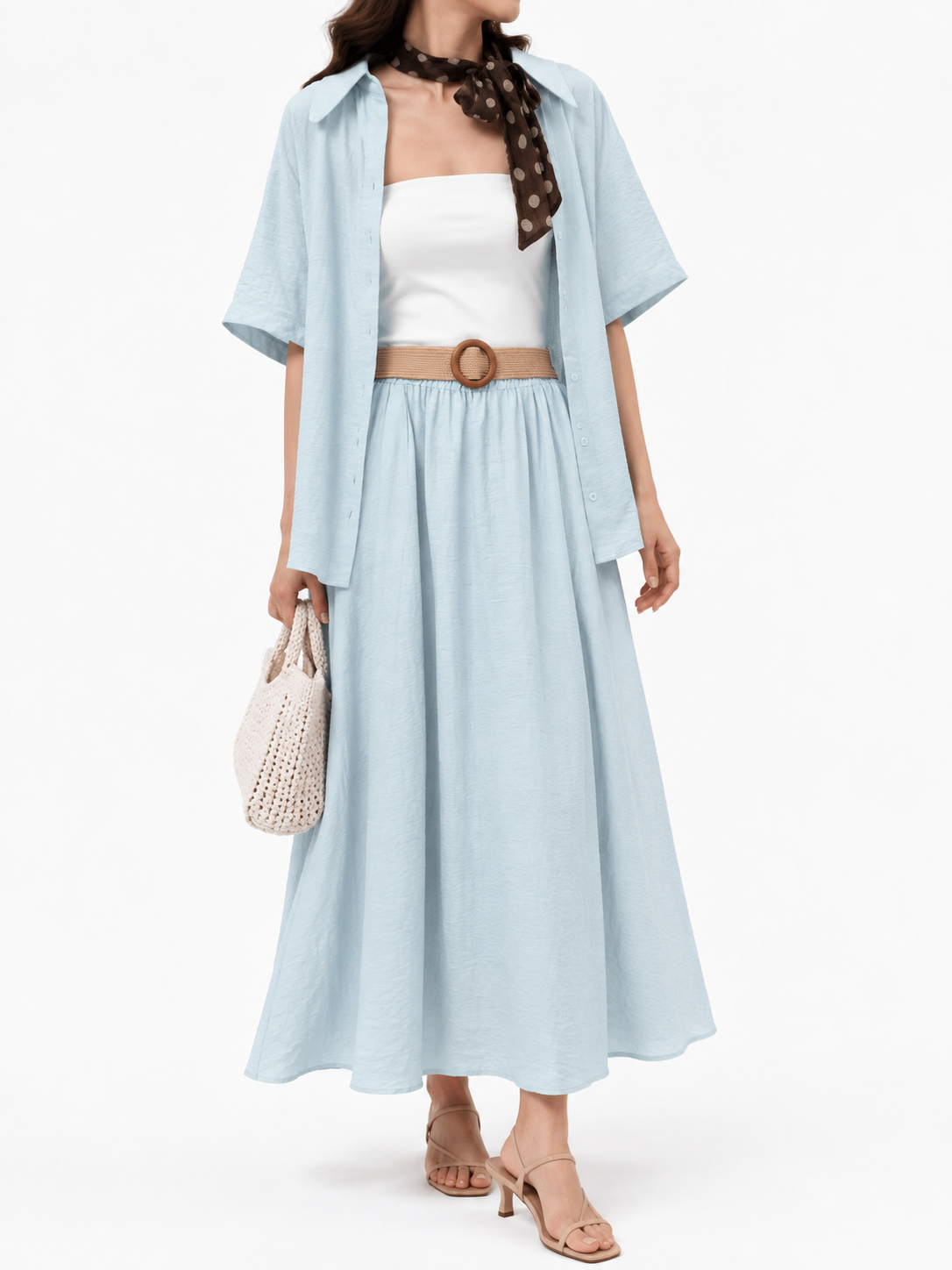 1207 Launelle Linen Short Short Sleeve Shirt & Flared Skirt Skirt Set (Top: B 54cm; L 63cm, Bottom: UW 33-45cm; H FS; L 84cm)