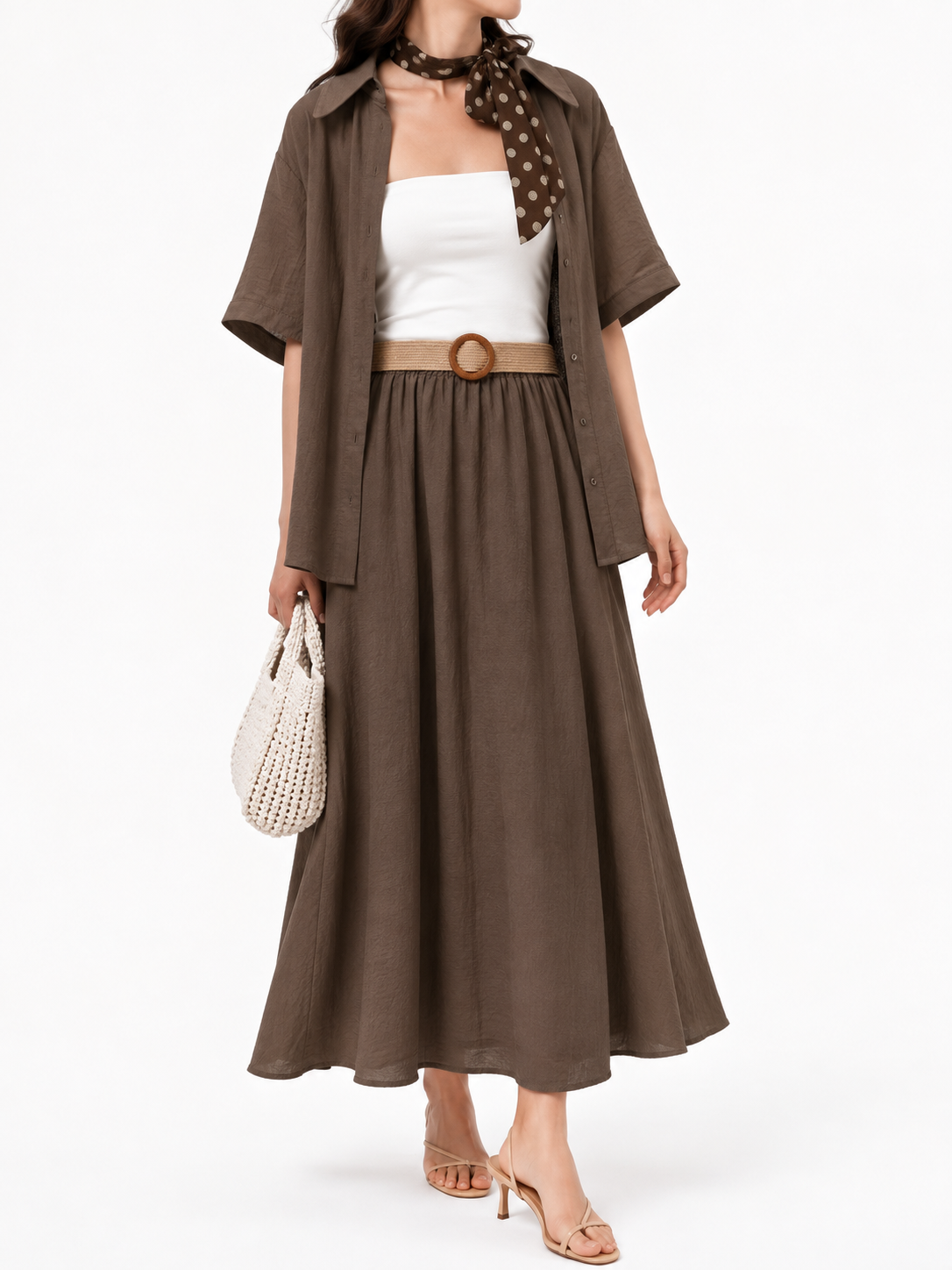 1207 Launelle Linen Short Short Sleeve Shirt & Flared Skirt Skirt Set (Top: B 54cm; L 63cm, Bottom: UW 33-45cm; H FS; L 84cm)