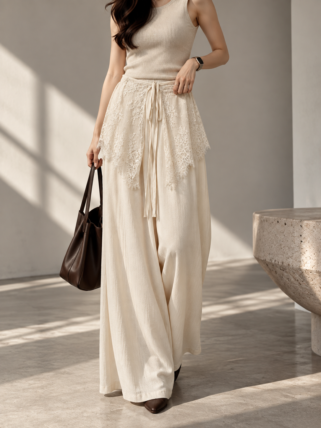 5055 Linnea Half Elastic Waist Linen Pants w Lace Layering (L Size: UW 35-42cm; H 50-60cm; L 103cm, XL Size: UW 37-44cm; H 55-65cm; L 103cm)