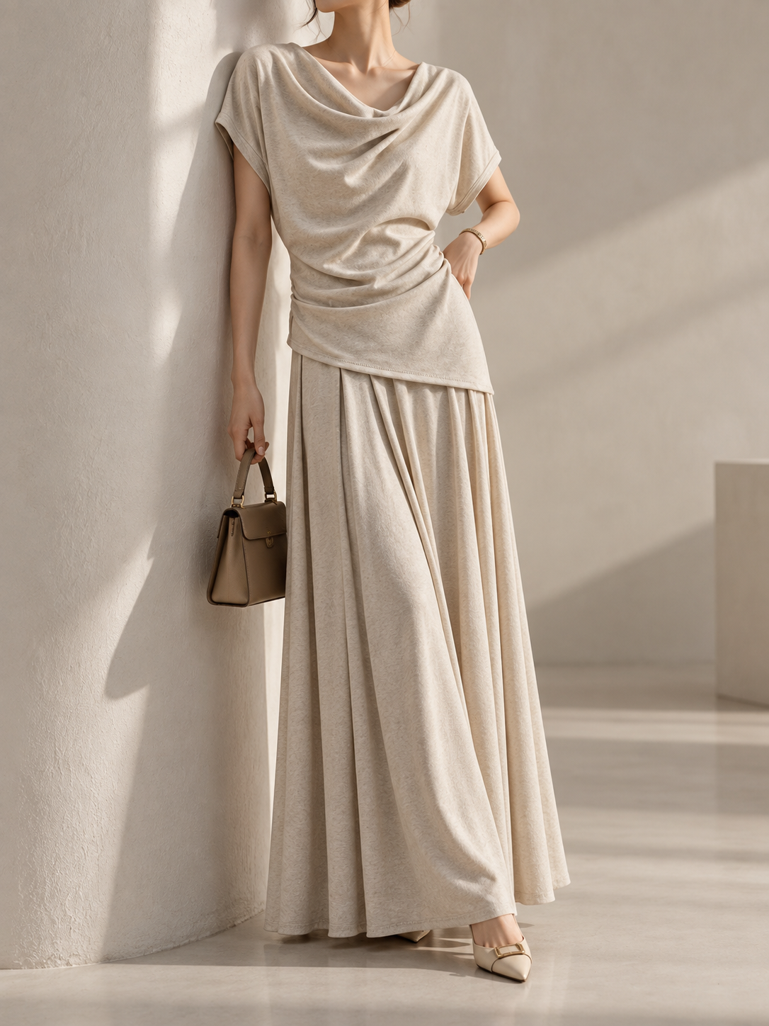 1006 Calista Cotton Cowl Neck Top & Flare Skirt Set (Top: B 40-50cm; L 52cm, Bottom: UW 33-48cm; H 50-65cm; L 83cm)