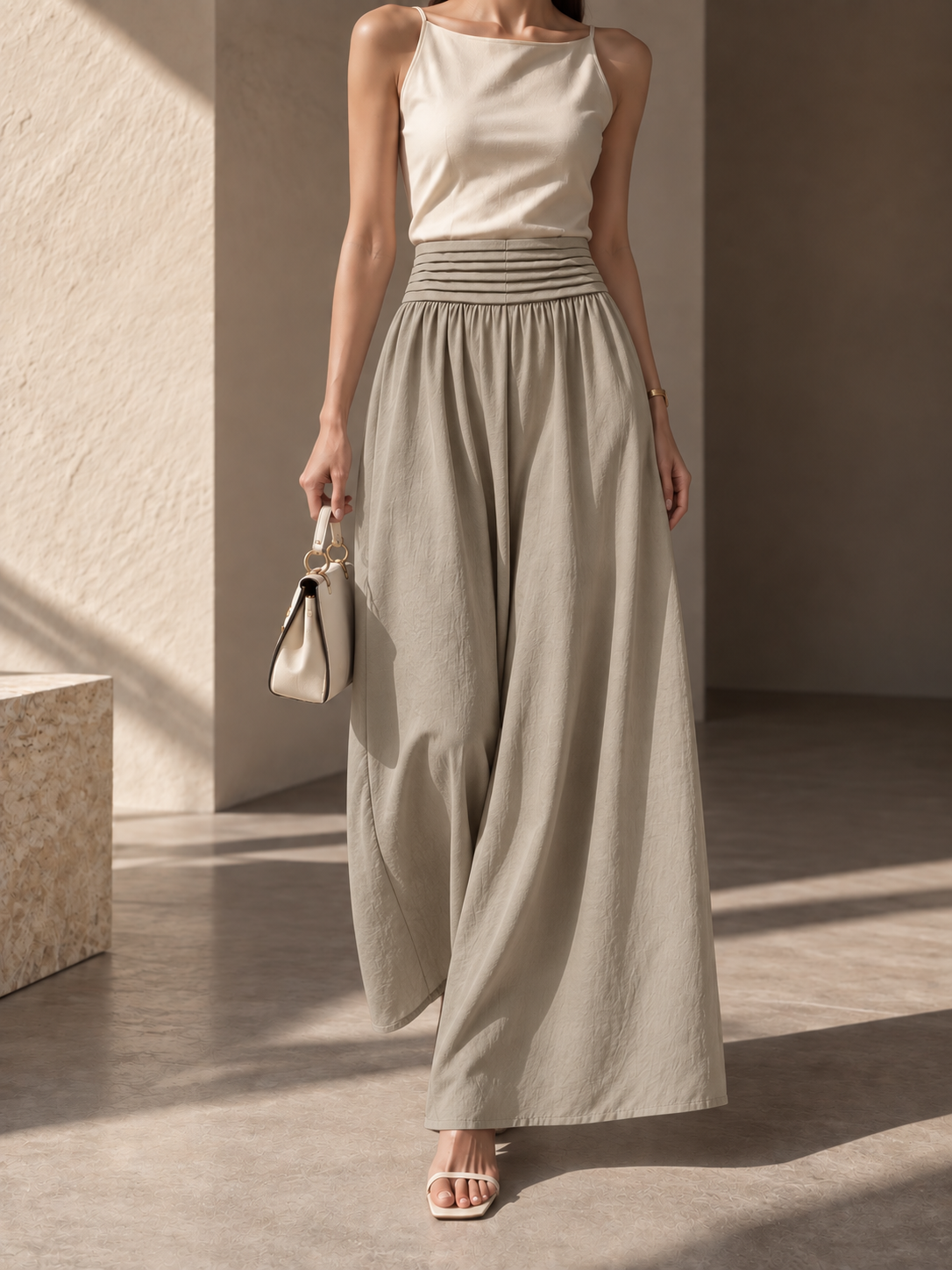 5068 Pierra Horizontal Pleats Waistband Linen Palazzo (M Size: UW 33-40cm; H 46-56cm; L 102cm, L Size: UW 35-42cm; H 48-58cm; L 102cm, XL Size: UW 37-44cm; H 50-60cm; L 102cm)