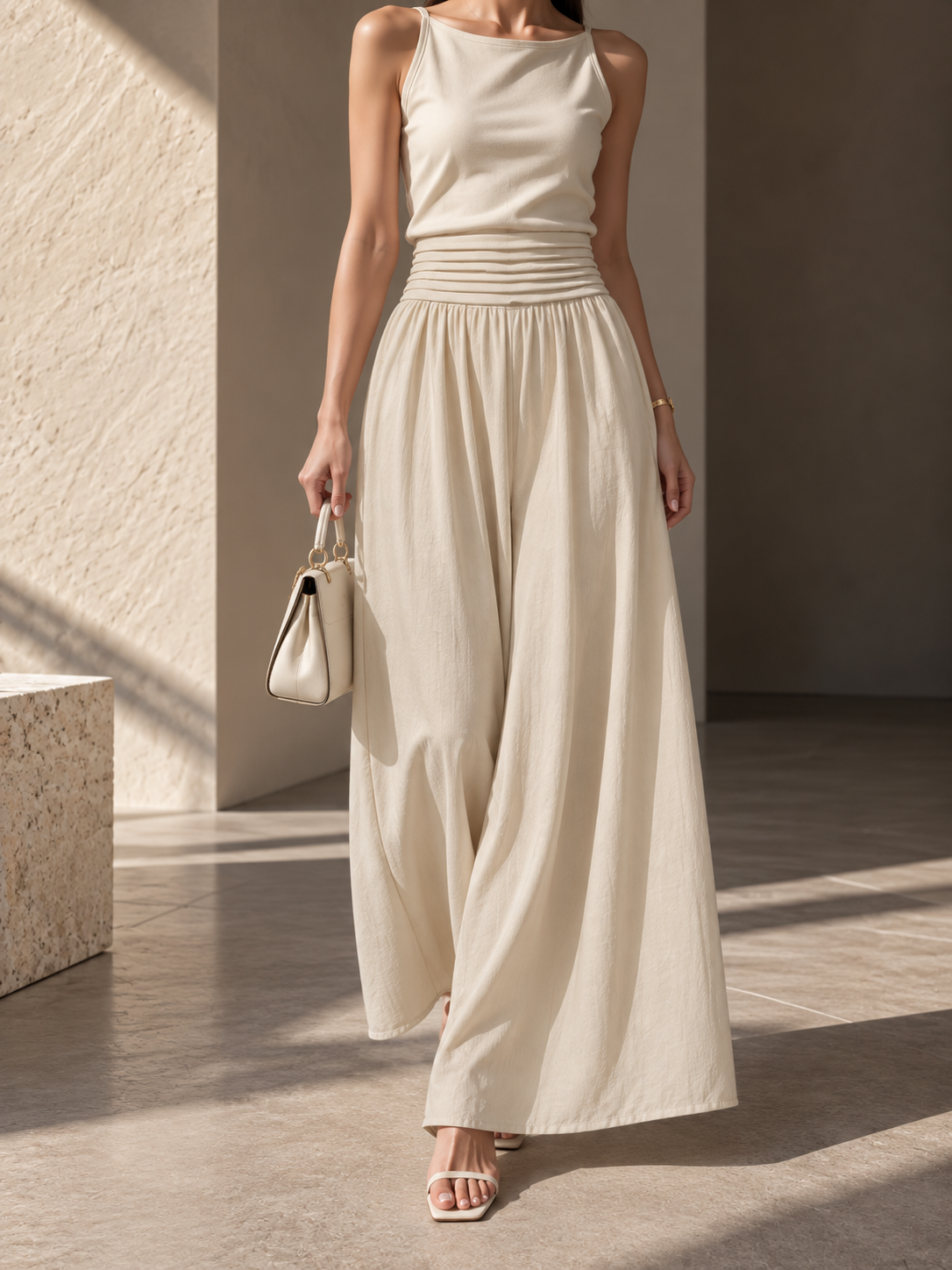 5068 Pierra Horizontal Pleats Waistband Linen Palazzo (M Size: UW 33-40cm; H 46-56cm; L 102cm, L Size: UW 35-42cm; H 48-58cm; L 102cm, XL Size: UW 37-44cm; H 50-60cm; L 102cm)